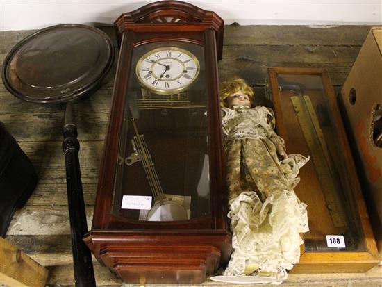 Negretti Sambra rule, clock, warming pan and doll